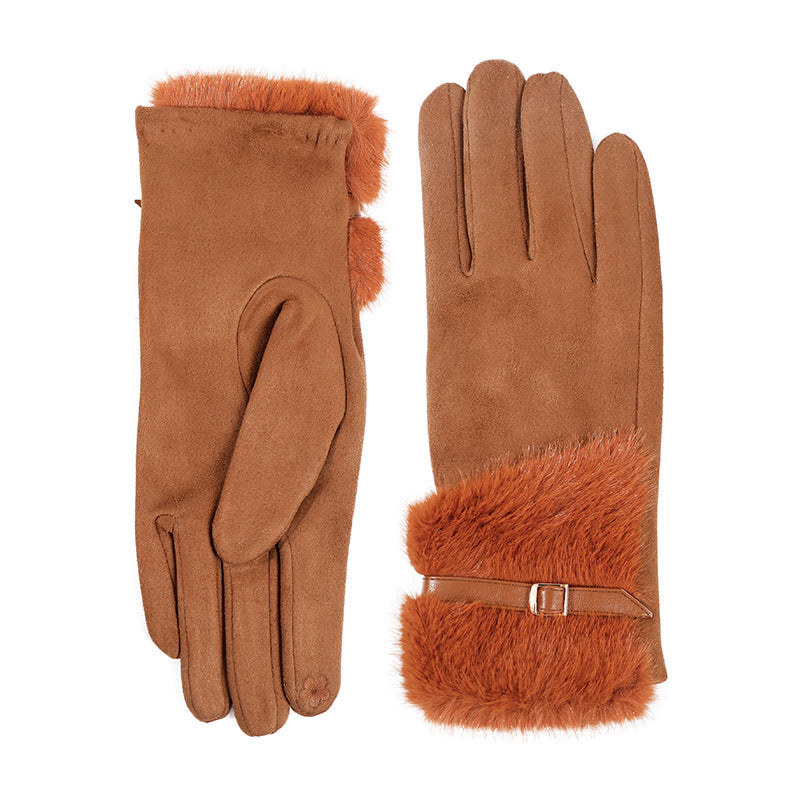 Faux Fur Cuff Buckle Winter Gloves - Caramel