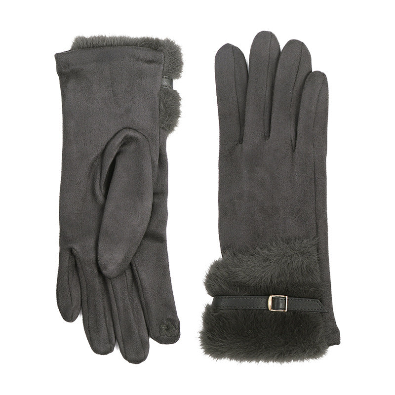 Faux Fur Cuff Buckle Winter Gloves - Dark-Grey