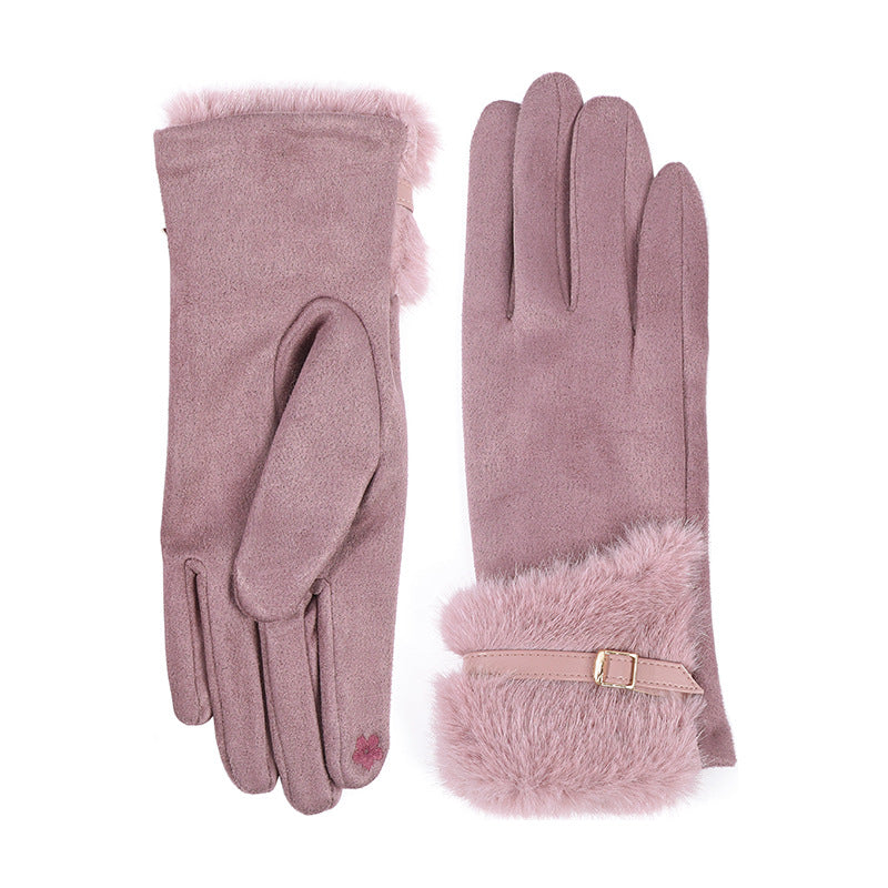 Faux Fur Cuff Buckle Winter Gloves - Purple