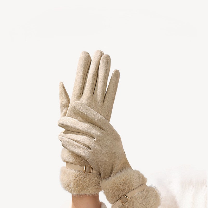 Faux Fur Cuff Buckle Winter Gloves