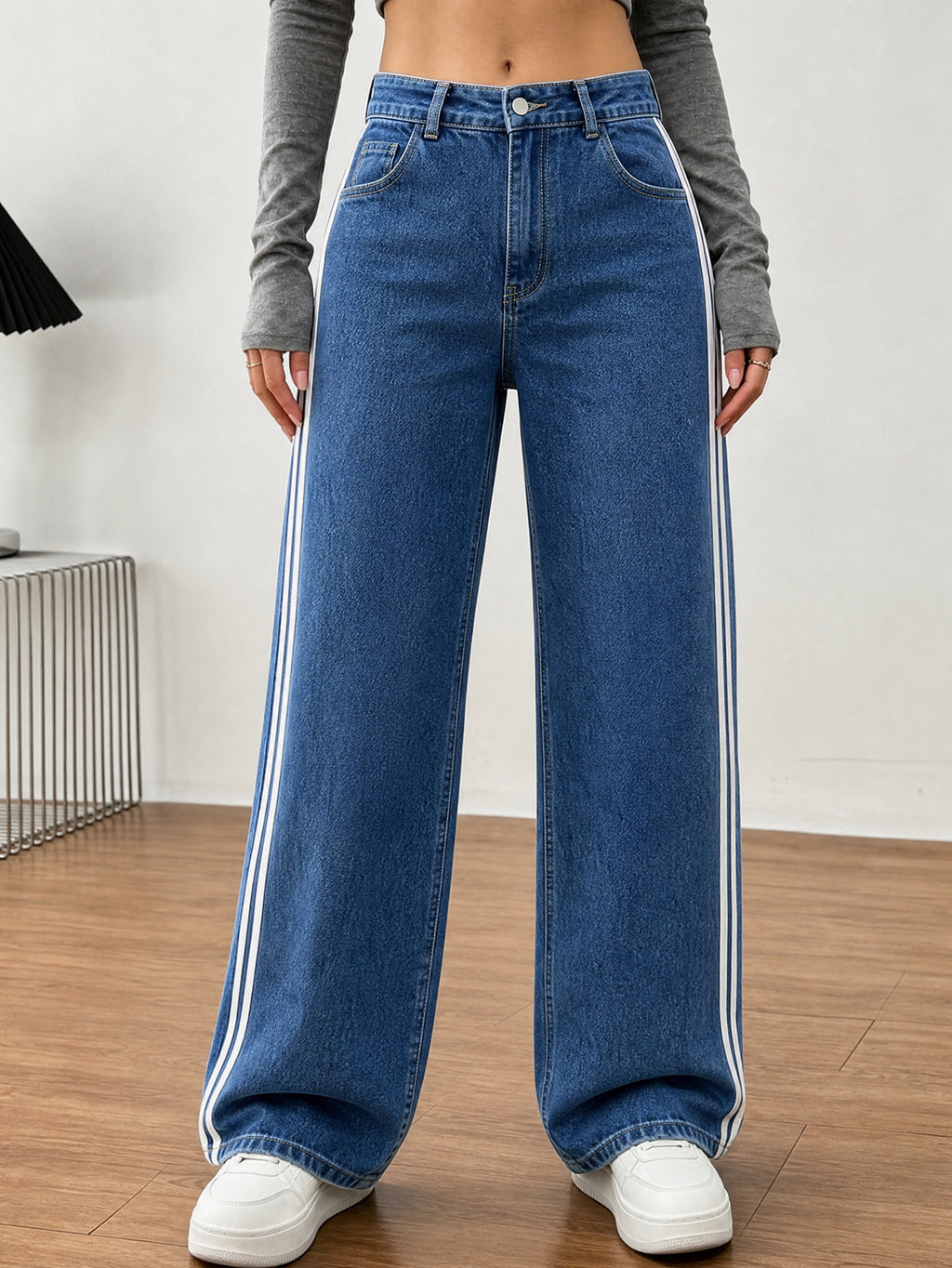 Side Stripe Wide Leg Jeans with High Rise Waist - Blue