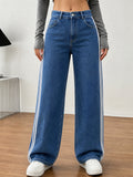 Side Stripe Wide Leg Jeans with High Rise Waist - Blue
