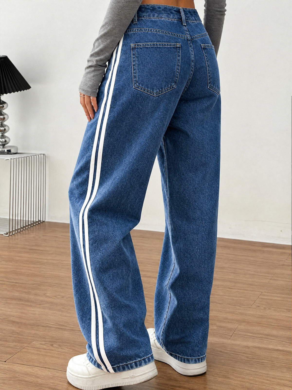Side Stripe Wide Leg Jeans with High Rise Waist - Blue - 1
