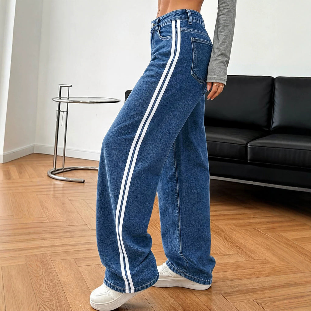 Side Stripe Wide Leg Jeans with High Rise Waist - Blue - 2