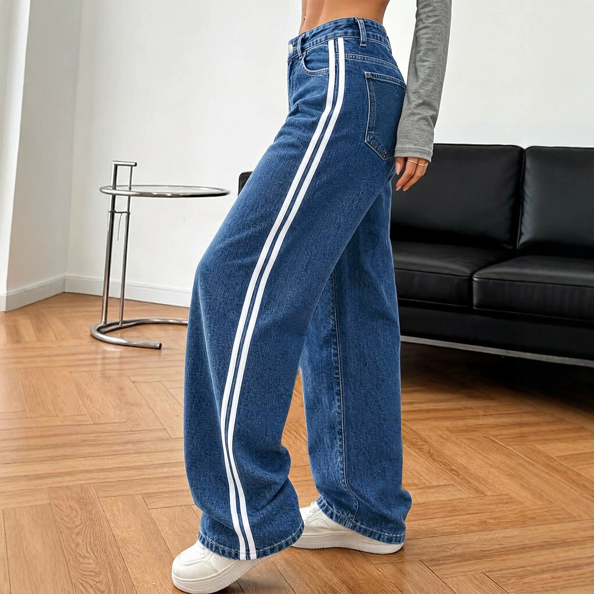 Side Stripe Wide Leg Jeans with High Rise Waist - Blue - 2