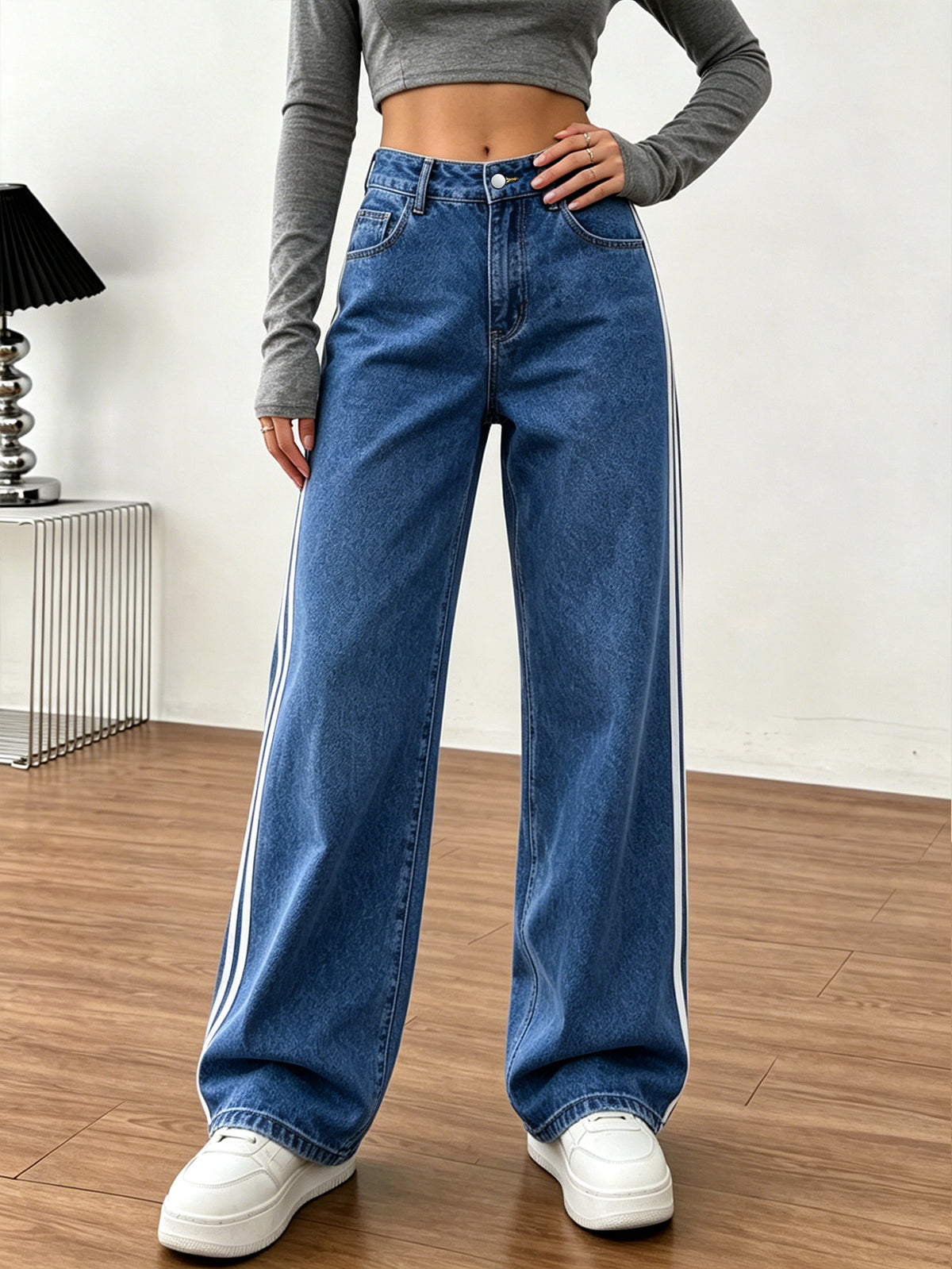 Side Stripe Wide Leg Jeans with High Rise Waist - Blue - 3
