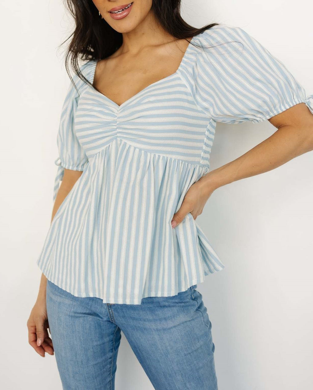 Striped Puff Sleeve Babydoll Top - Blue