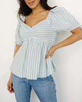 Striped Puff Sleeve Babydoll Top - Blue