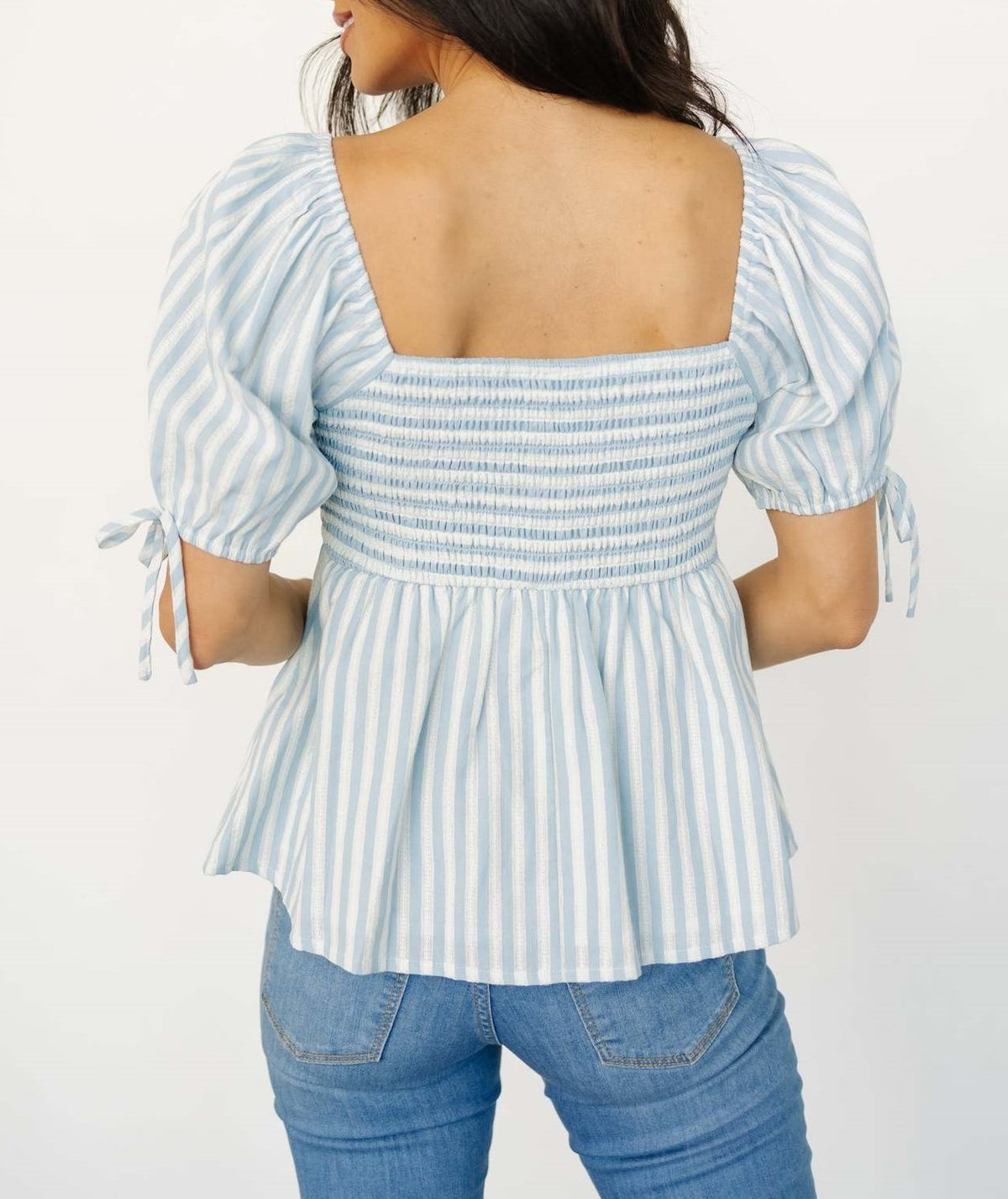 Striped Puff Sleeve Babydoll Top - Blue - 2