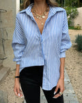 Oversized Striped Long Sleeve Button Down Shirt - Blue