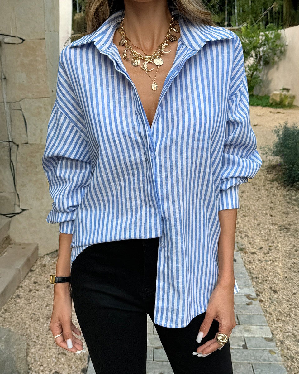 Oversized Striped Long Sleeve Button Down Shirt - Blue