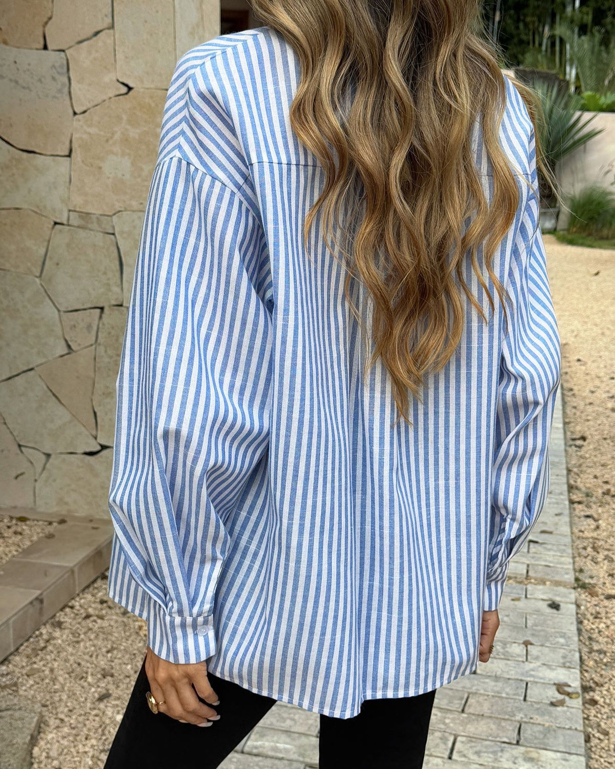 Oversized Striped Long Sleeve Button Down Shirt - Blue - 2