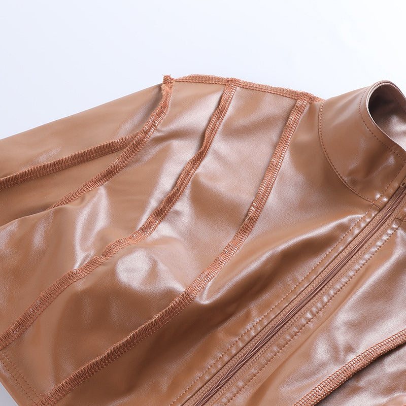 Panel Seam Cropped Faux Leather Jacket - Brown - 2
