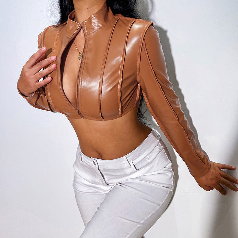 Panel Seam Cropped Faux Leather Jacket - Brown - 3