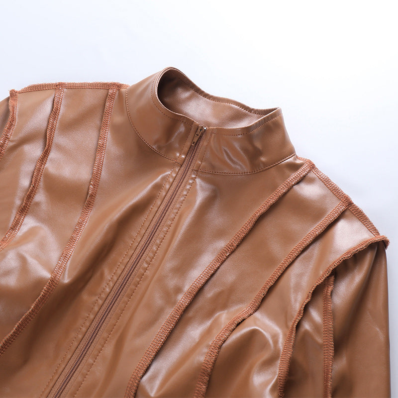 Panel Seam Cropped Faux Leather Jacket - Brown - 7
