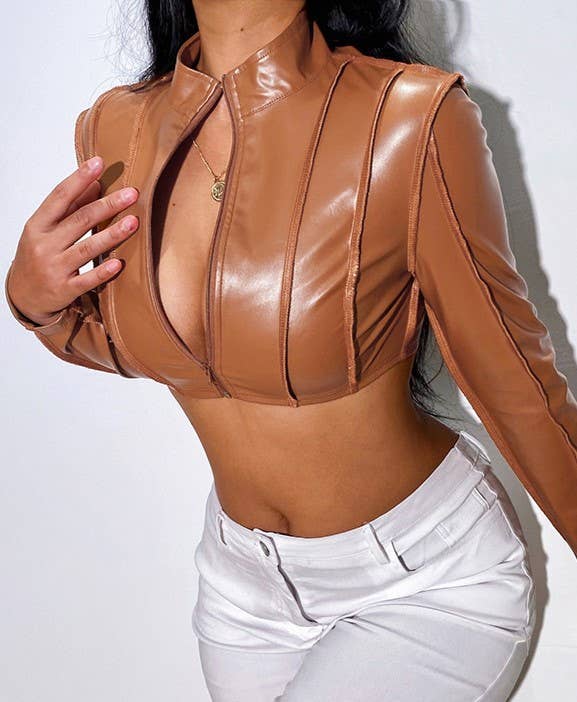 Panel Seam Cropped Faux Leather Jacket