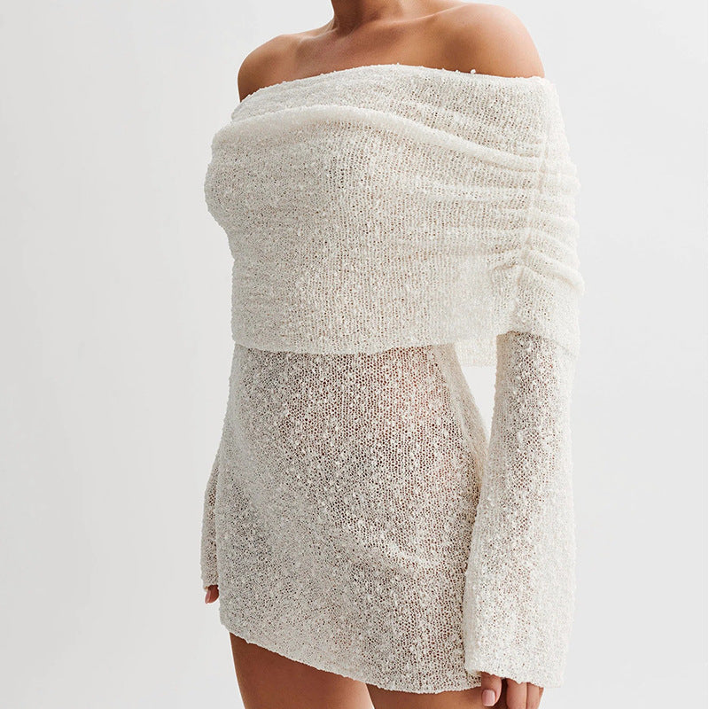 Off Shoulder Sparkle Knit Mini Dress - White - 3