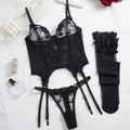 Floral Lace Bustier Garter Set With Ruffle Stockings - Black