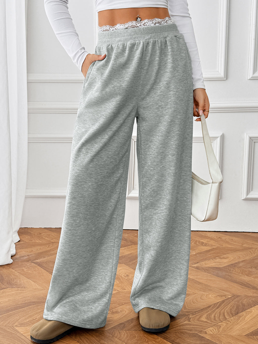 Lace Trim Wide Leg Sweatpants - Grey