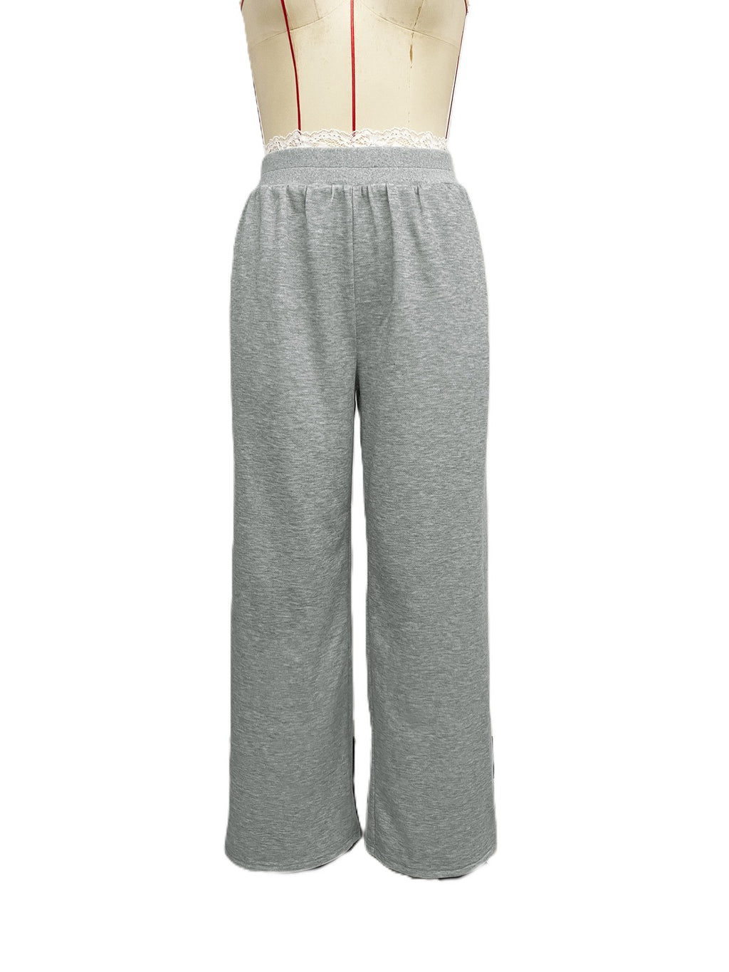 Lace Trim Wide Leg Sweatpants - Grey - 1