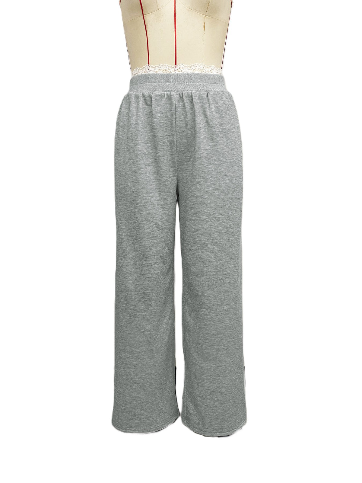 Lace Trim Wide Leg Sweatpants - Grey - 1