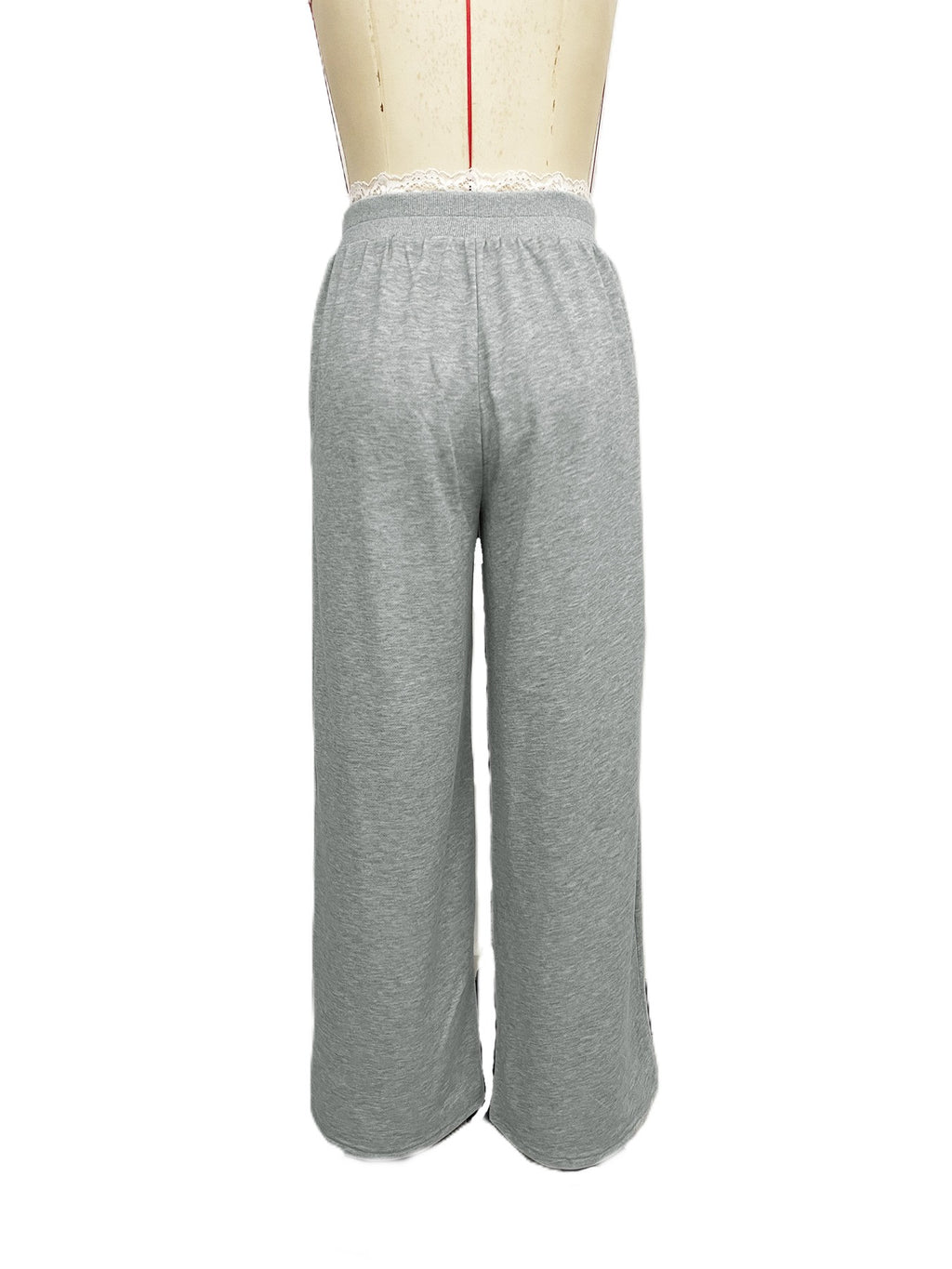 Lace Trim Wide Leg Sweatpants - Grey - 2