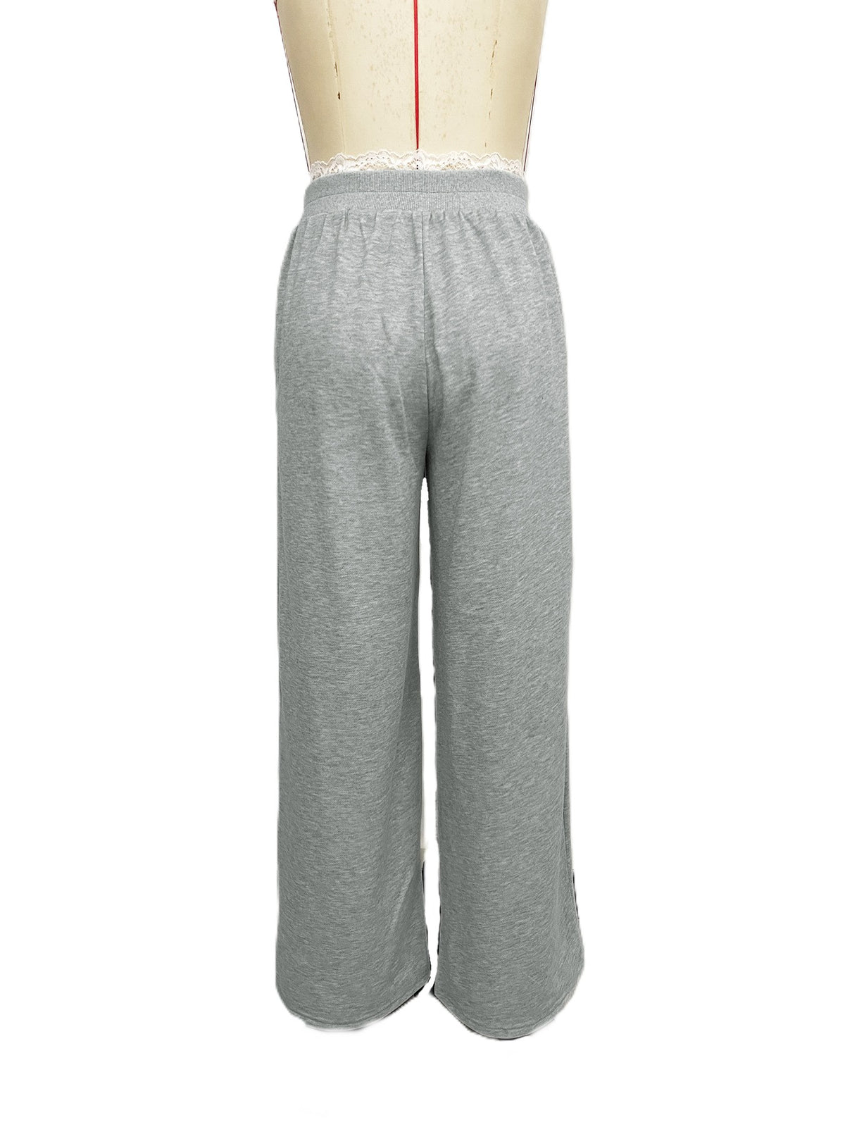 Lace Trim Wide Leg Sweatpants - Grey - 2