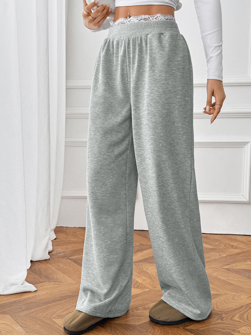 Lace Trim Wide Leg Sweatpants - Grey - 3