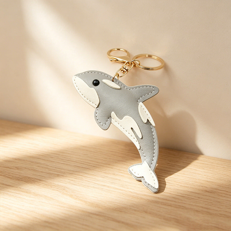 Playful Orca Faux-Leather Keyring Charm - Grey