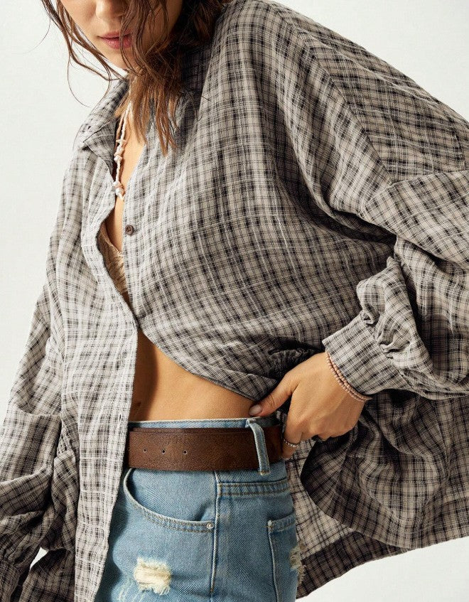 Oversized Plaid Button Up Shirt Jacket - Black