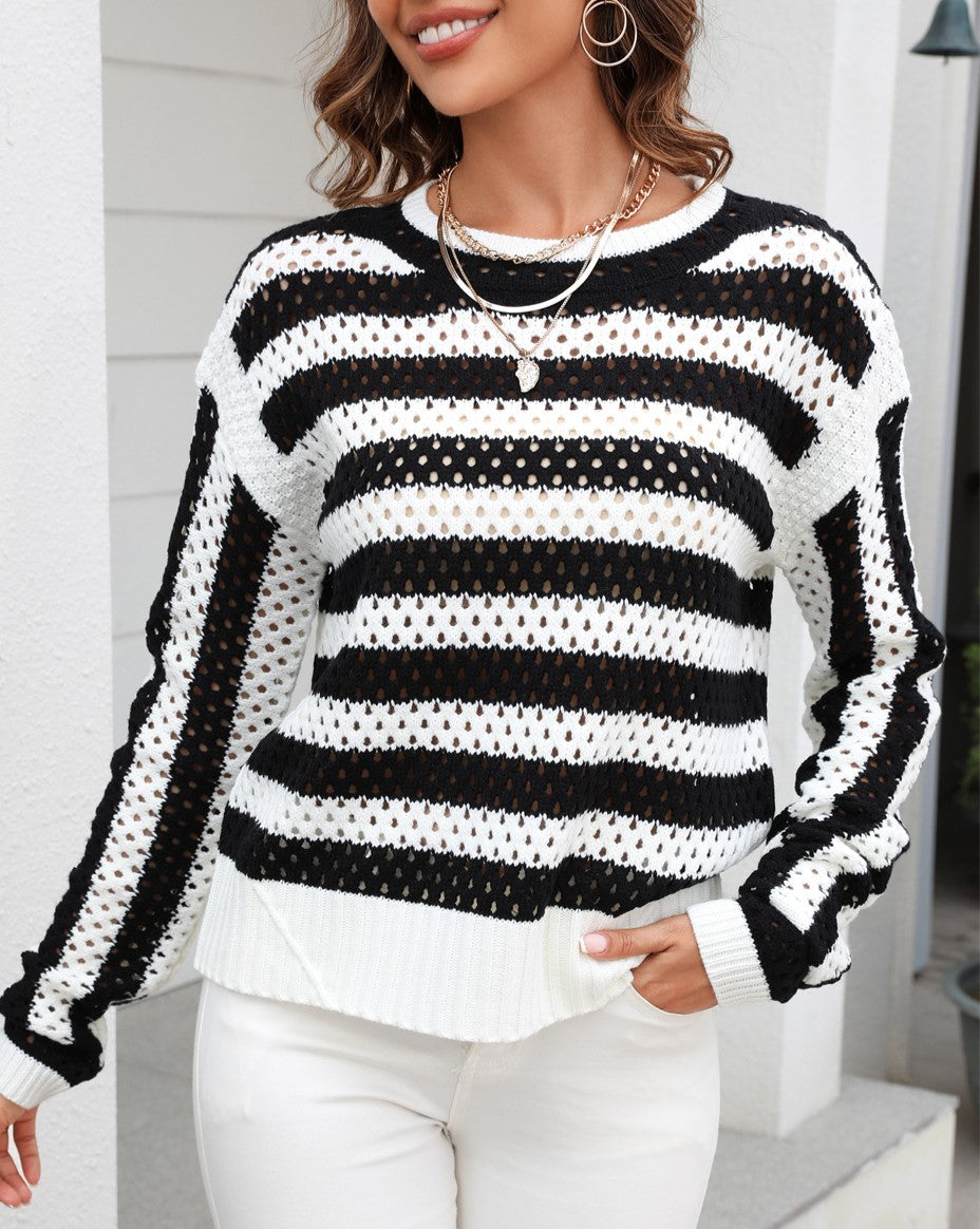Open Weave Striped Long Sleeve Knit Top - Black - 3