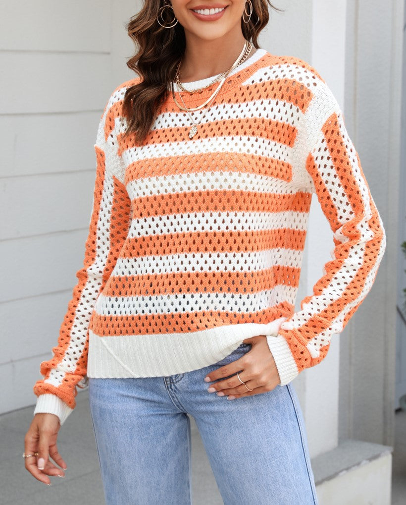Open Weave Striped Long Sleeve Knit Top - Orange