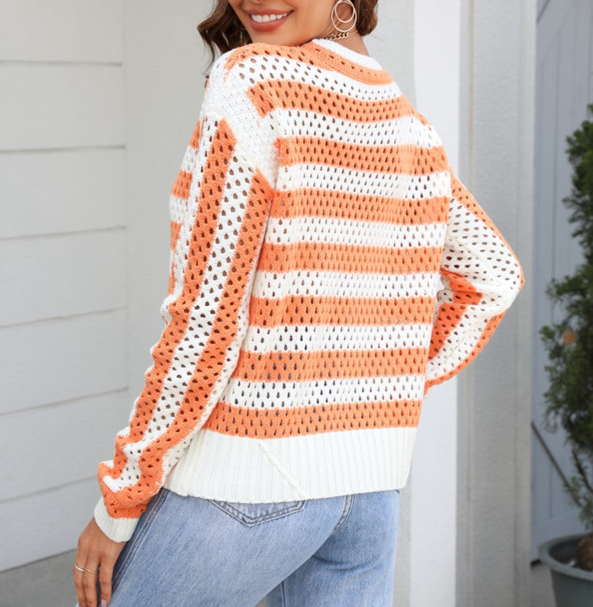 Open Weave Striped Long Sleeve Knit Top - Orange - 2