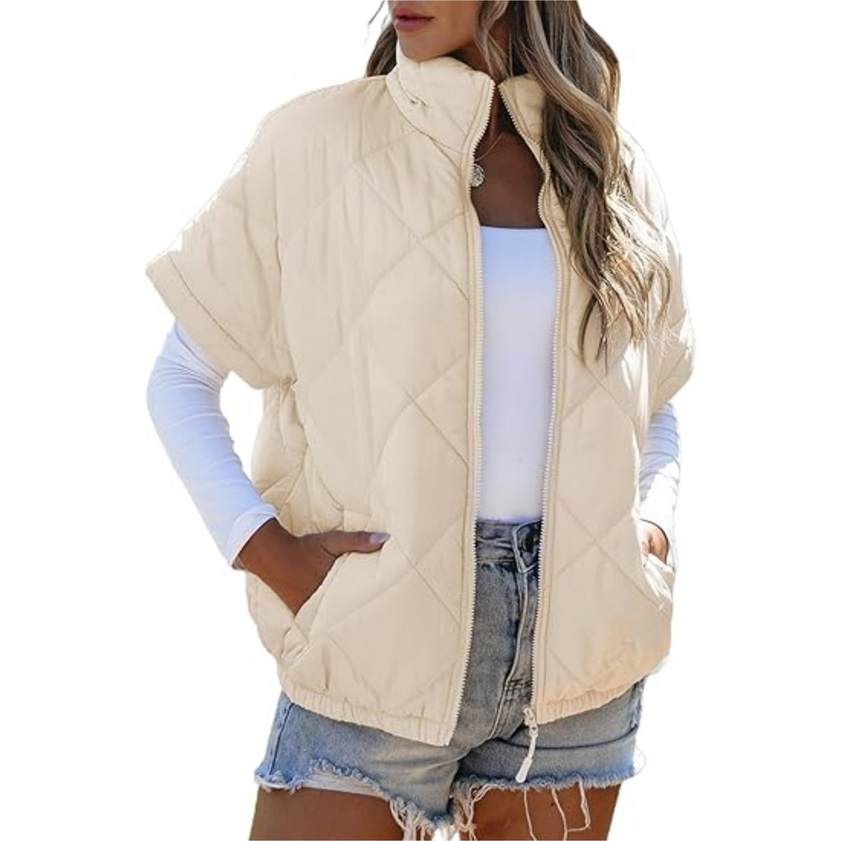 Quilted Short Sleeve Zip Puffer Jacket - Apricot