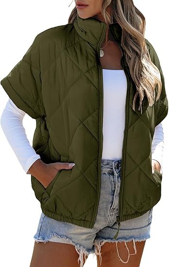 Quilted Short Sleeve Zip Puffer Jacket - ArmyGreen