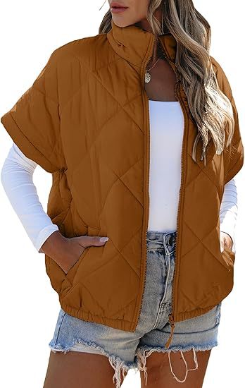 Quilted Short Sleeve Zip Puffer Jacket - Caramel