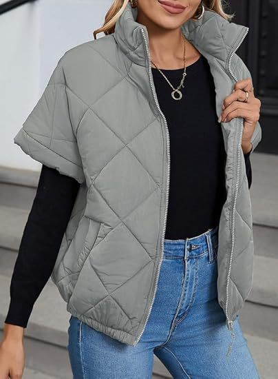 Quilted Short Sleeve Zip Puffer Jacket - Gray