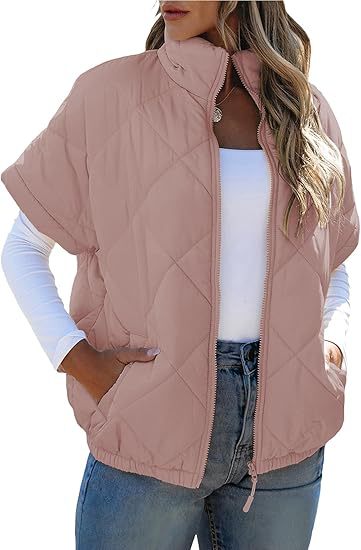 Quilted Short Sleeve Zip Puffer Jacket - Pink