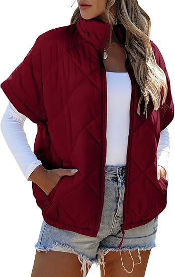 Quilted Short Sleeve Zip Puffer Jacket - Red