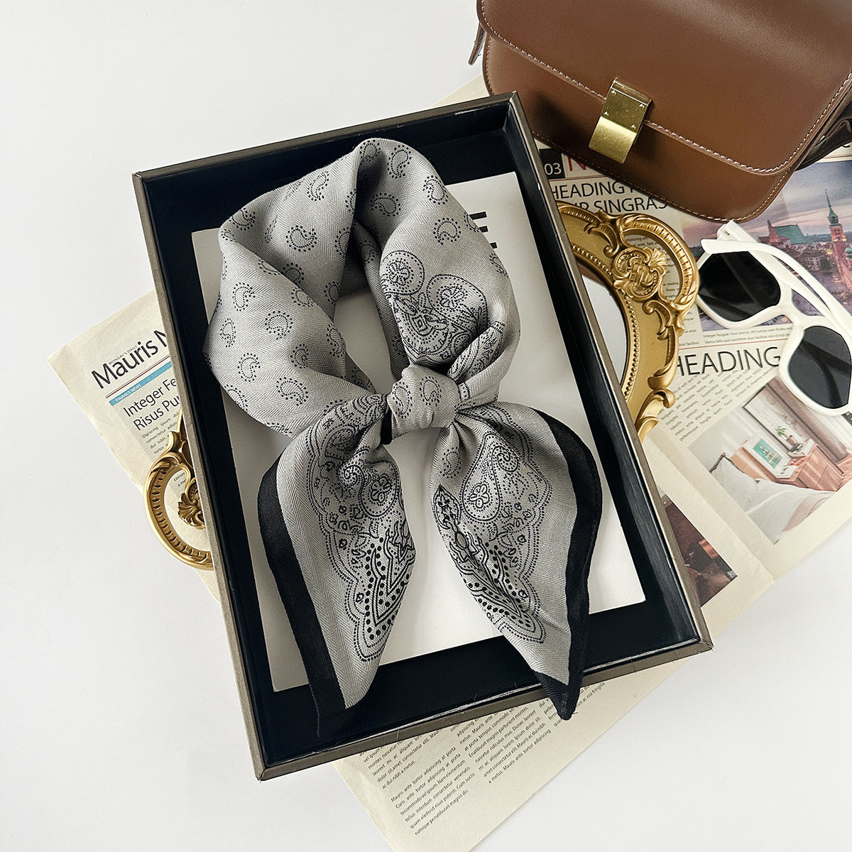 Classic Paisley Bandana Scarf With Wide Trim - Grey