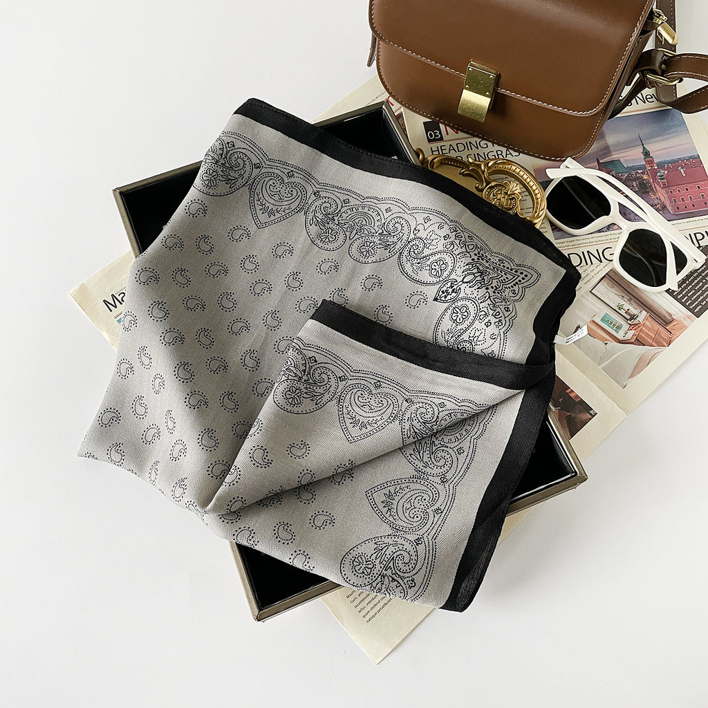Classic Paisley Bandana Scarf With Wide Trim - Grey - 1