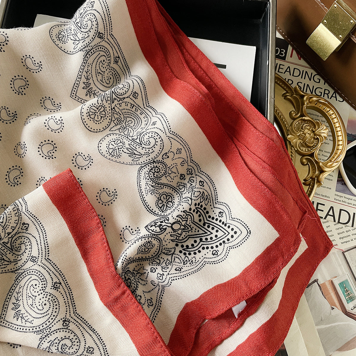 Classic Paisley Bandana Scarf With Wide Trim - Red - 1