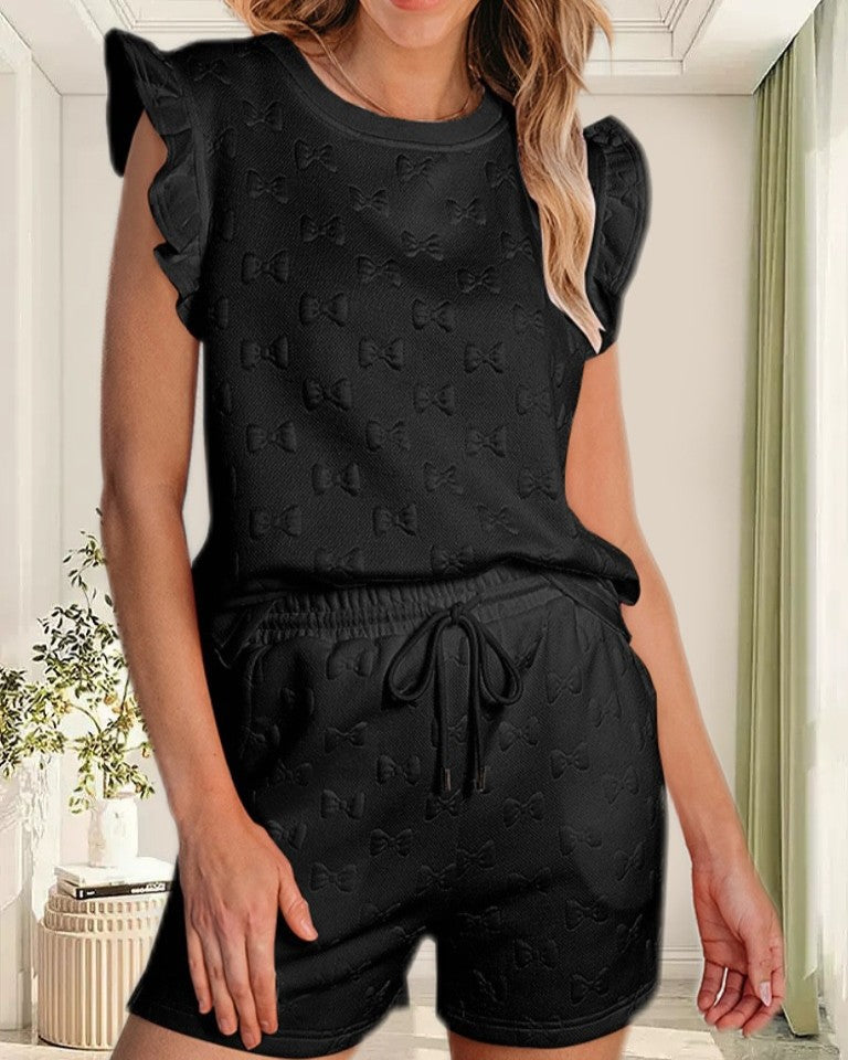 Swiss Dot Ruffle Sleeve Shorts Set - Black