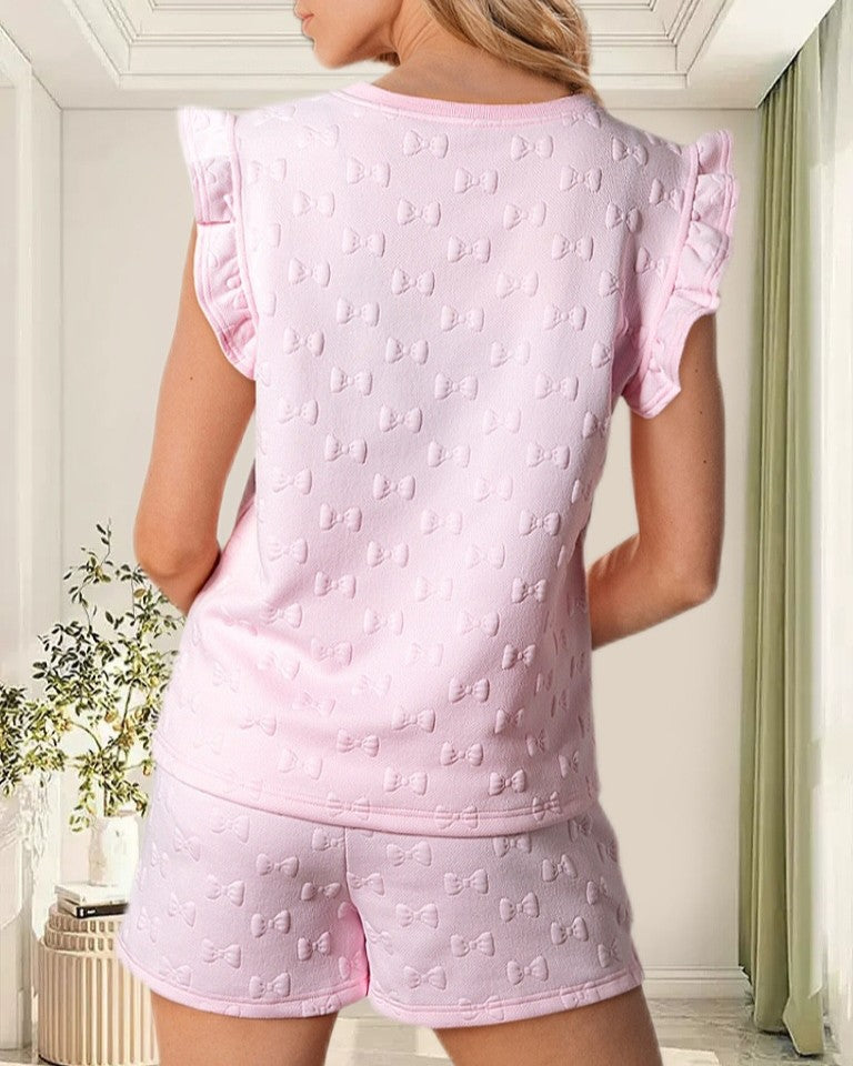 Swiss Dot Ruffle Sleeve Shorts Set - Pink - 2