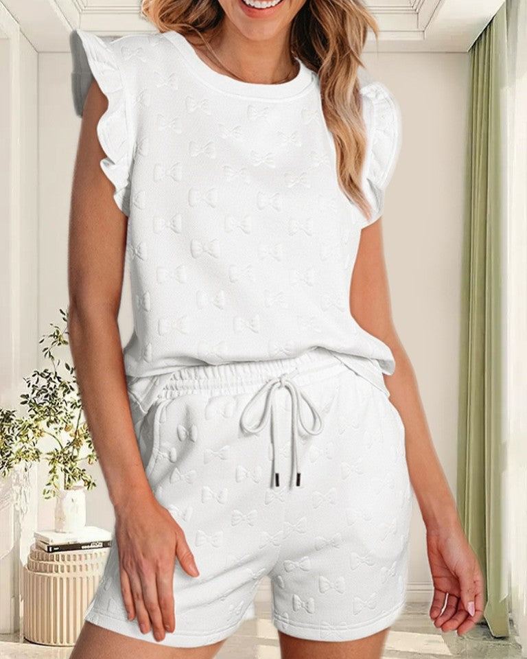 Swiss Dot Ruffle Sleeve Shorts Set - White