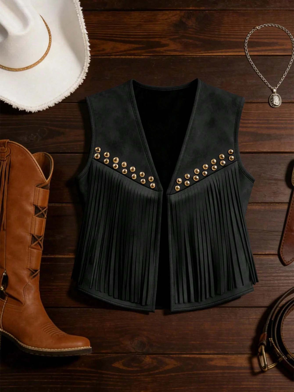 Fringe Trim Faux Suede Vest with Stud Details - Black