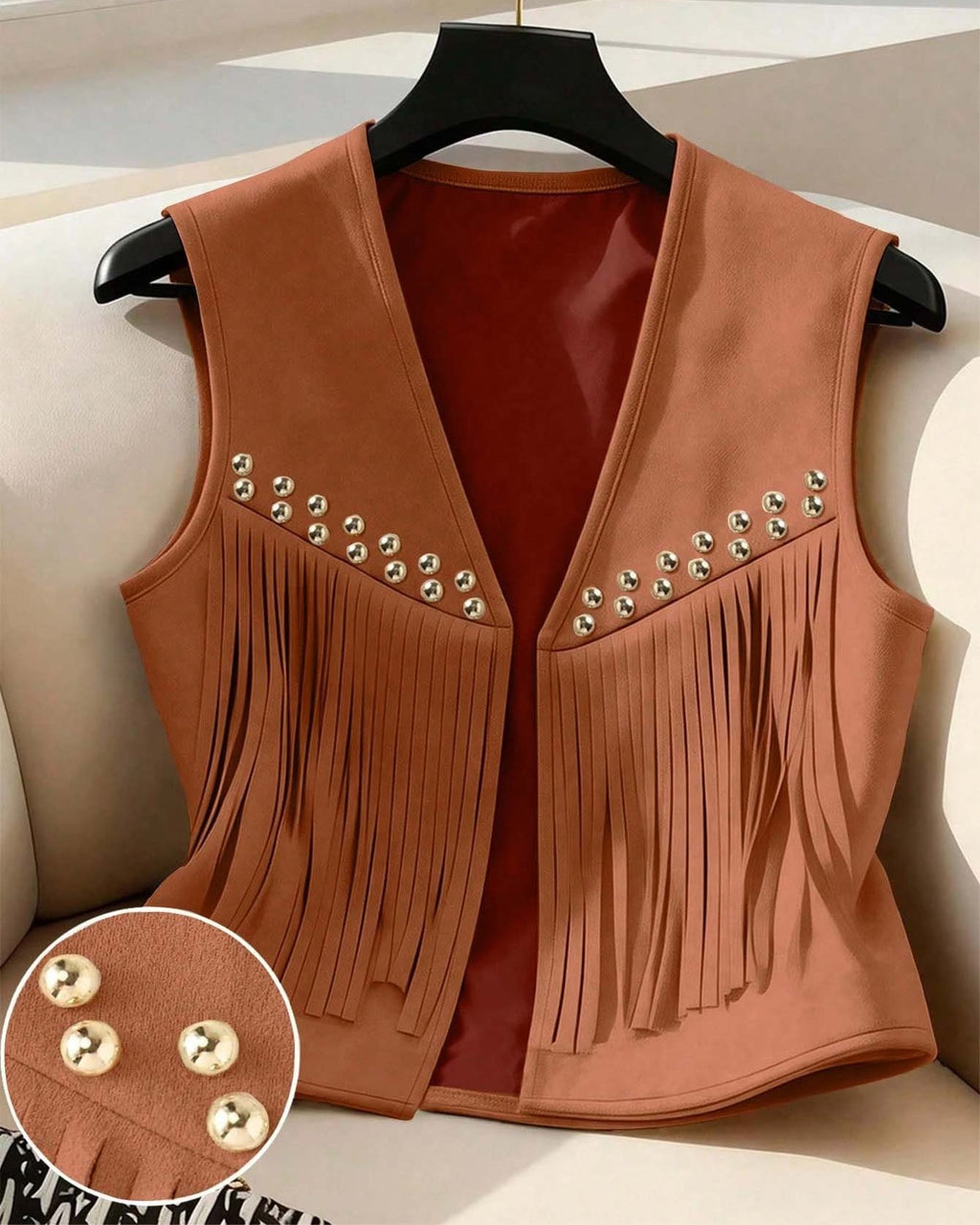 Fringe Trim Faux Suede Vest with Stud Details - Caramel