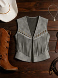 Fringe Trim Faux Suede Vest with Stud Details - Grey