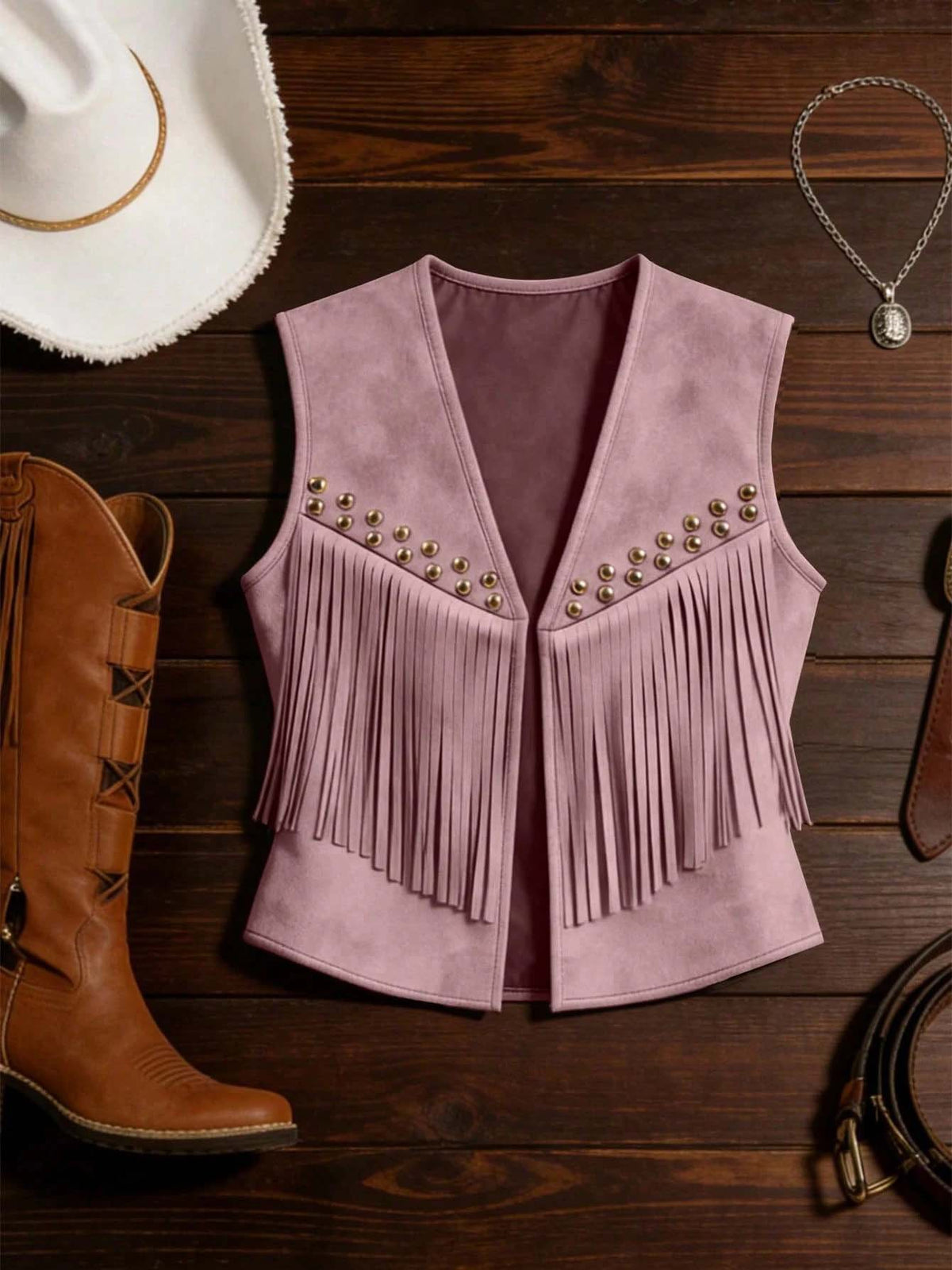 Fringe Trim Faux Suede Vest with Stud Details - Pink
