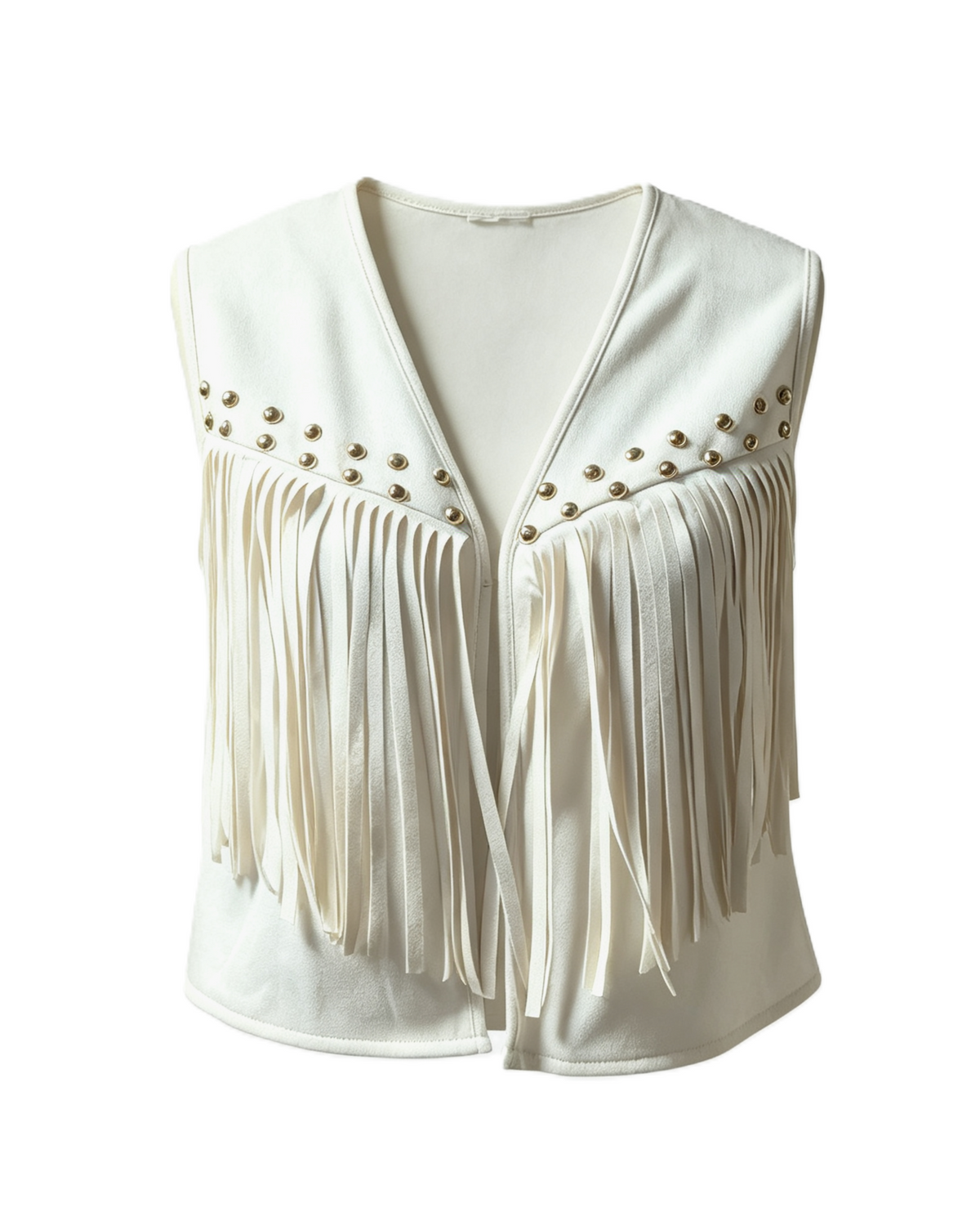 Fringe Trim Faux Suede Vest with Stud Details - White - 1